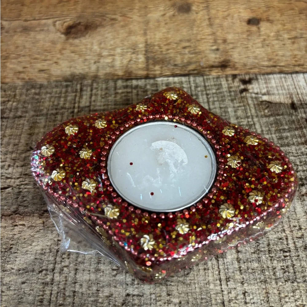 RARE! NEW PIER 1 RED GLITTER BEADS & SEQUINS VOTIVE TEA LIGHT 4